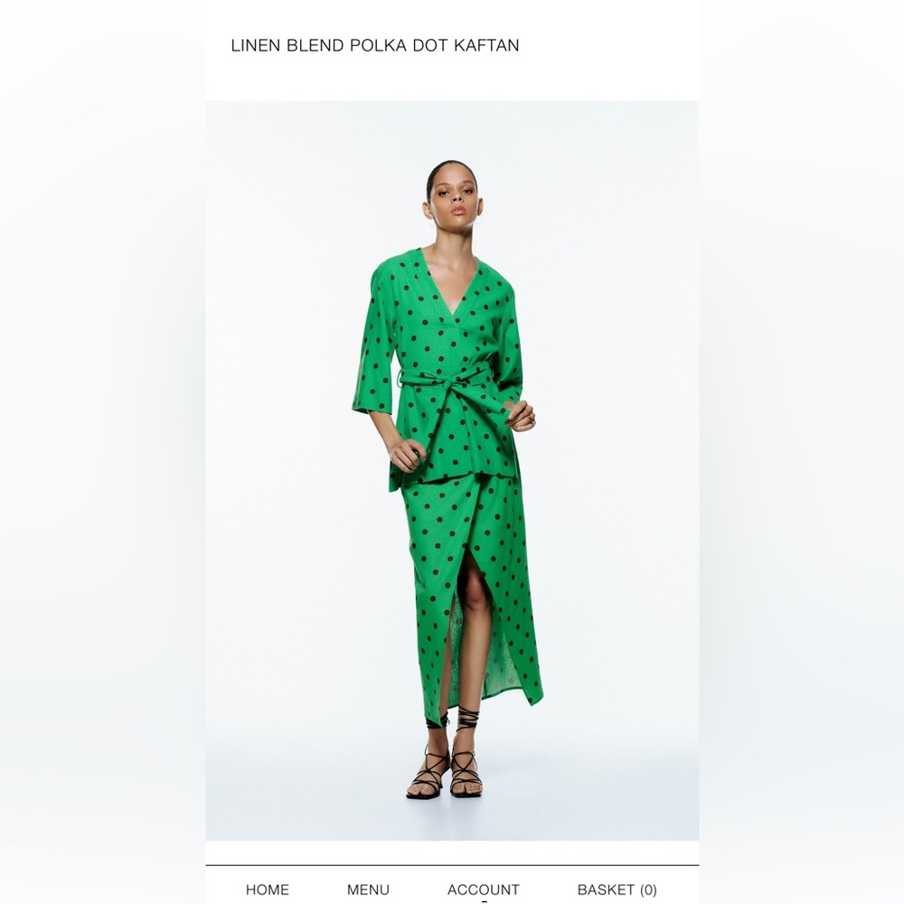 Zara linen blend caftan tunic. Emerald green with brown polkadots and tie belt.